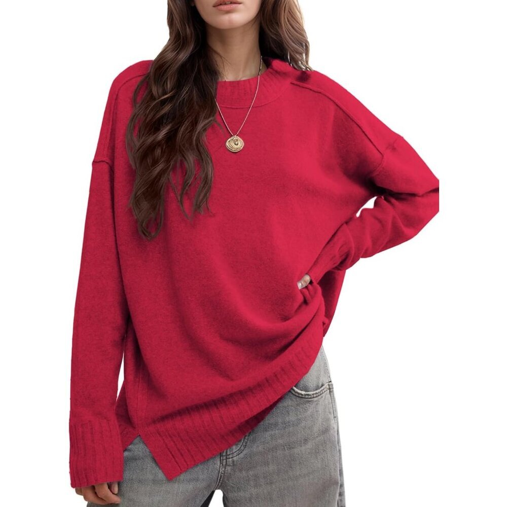 Women's Oversized Sweater Knit Crewneck Fall Fashion Side Slit Loose Fit